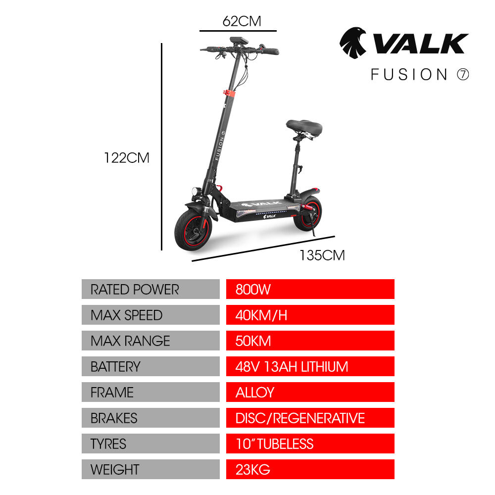 VALK Fusion 7 Electric Scooter, 800W, AU Compliant, with Seat Option, 48V 13Ah Lithium, 50km Range, Quad Shocks, 10 inch Tyres