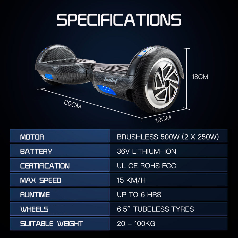 BULLET Gen III Hoverboard Scooter, Dual Copper Motors, UL Certified, AU Compliant, 6.5' Wheels, Superior Self Balancing System, LED Lights, Carbon