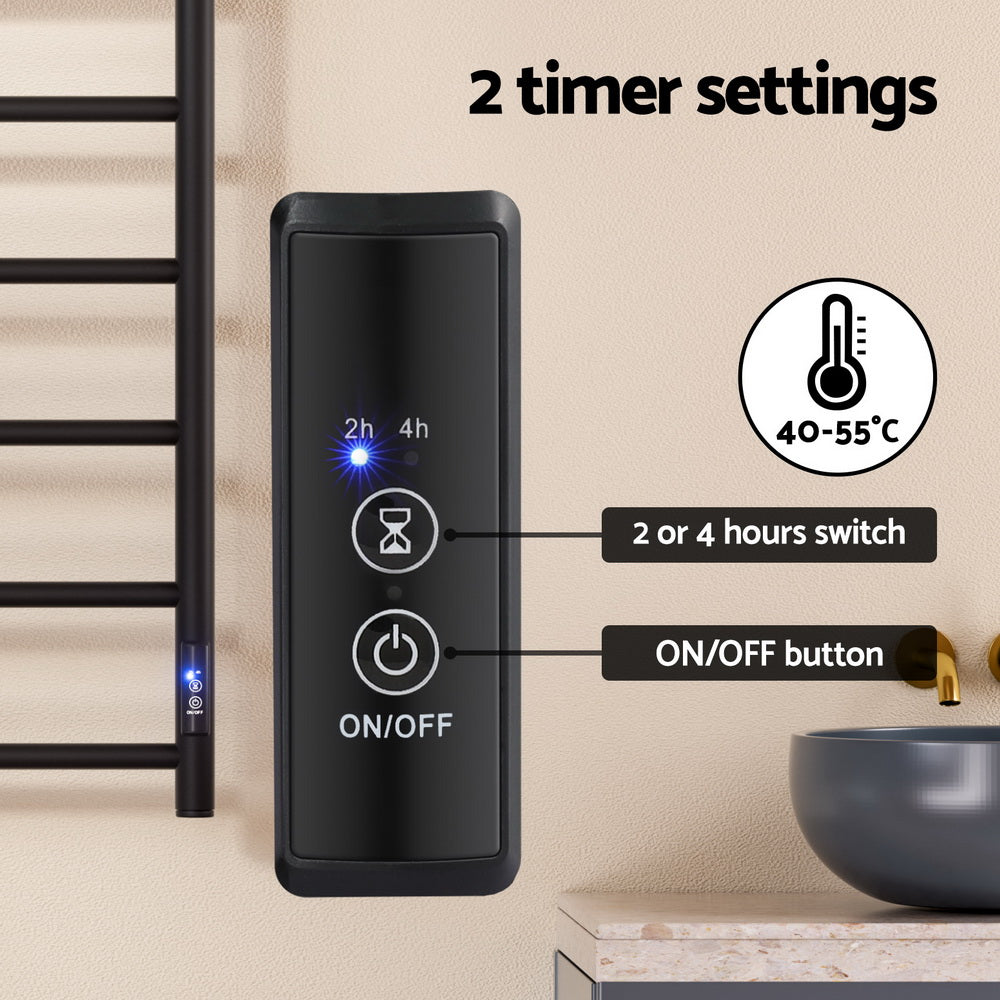 Devanti Heated Towel Rail 6 Round Bars with Timer Electric Heater Warmer Rack