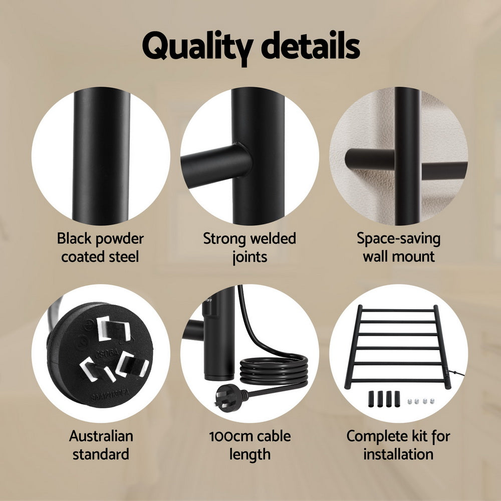 Devanti Heated Towel Rail 6 Round Bars with Timer Electric Heater Warmer Rack