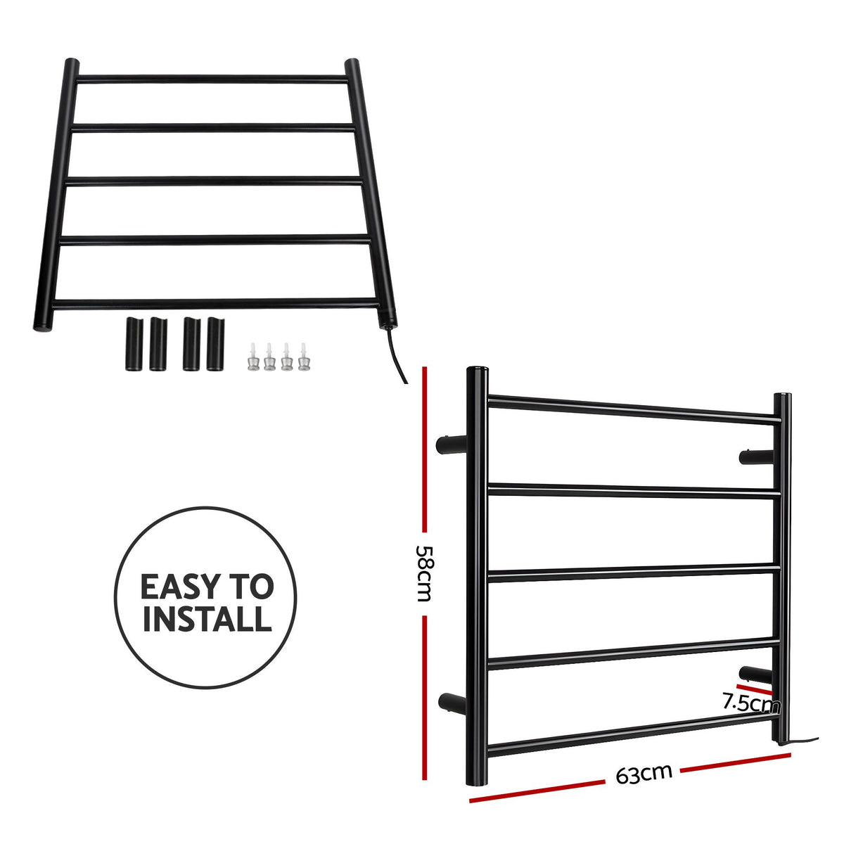 Devanti Electric Heated Towel Rail Rack 5 Bars Wall Mounted Clothes Dry Warmer
