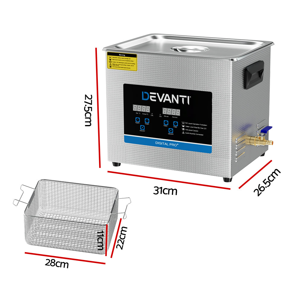 Devanti 10L Industrial Ultrasonic Cleaner with Heater and Timer Function