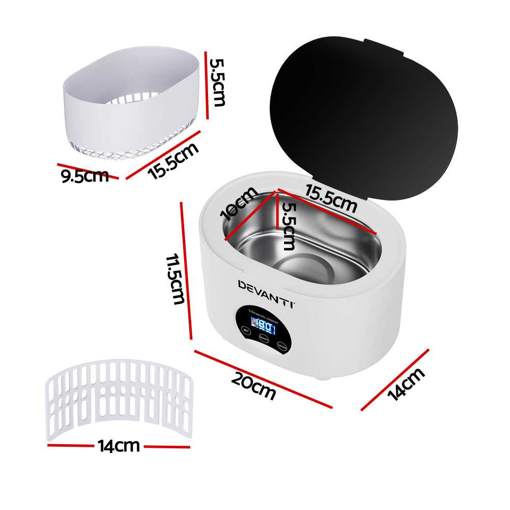 Devanti 600ml Ultrasonic Cleaning Machine with Timer for Jewelry, Eyewear, and More
