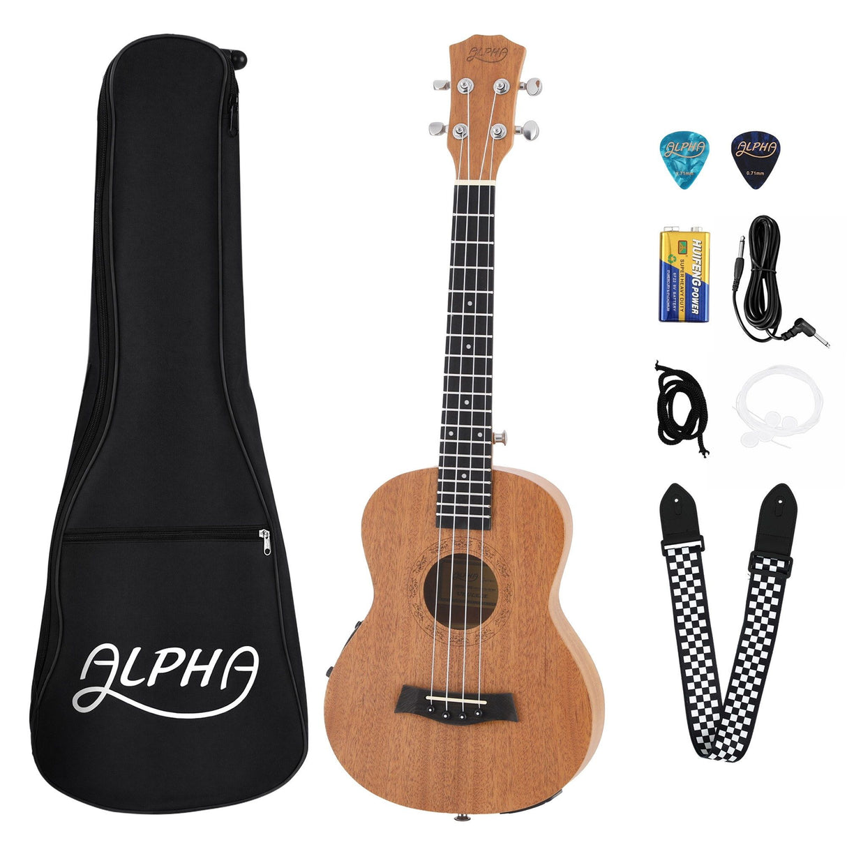 Alpha 26 Inch Solid Mahogany Tenor Ukulele Electric Acoustic EQ System Kit 18 Frets Natural