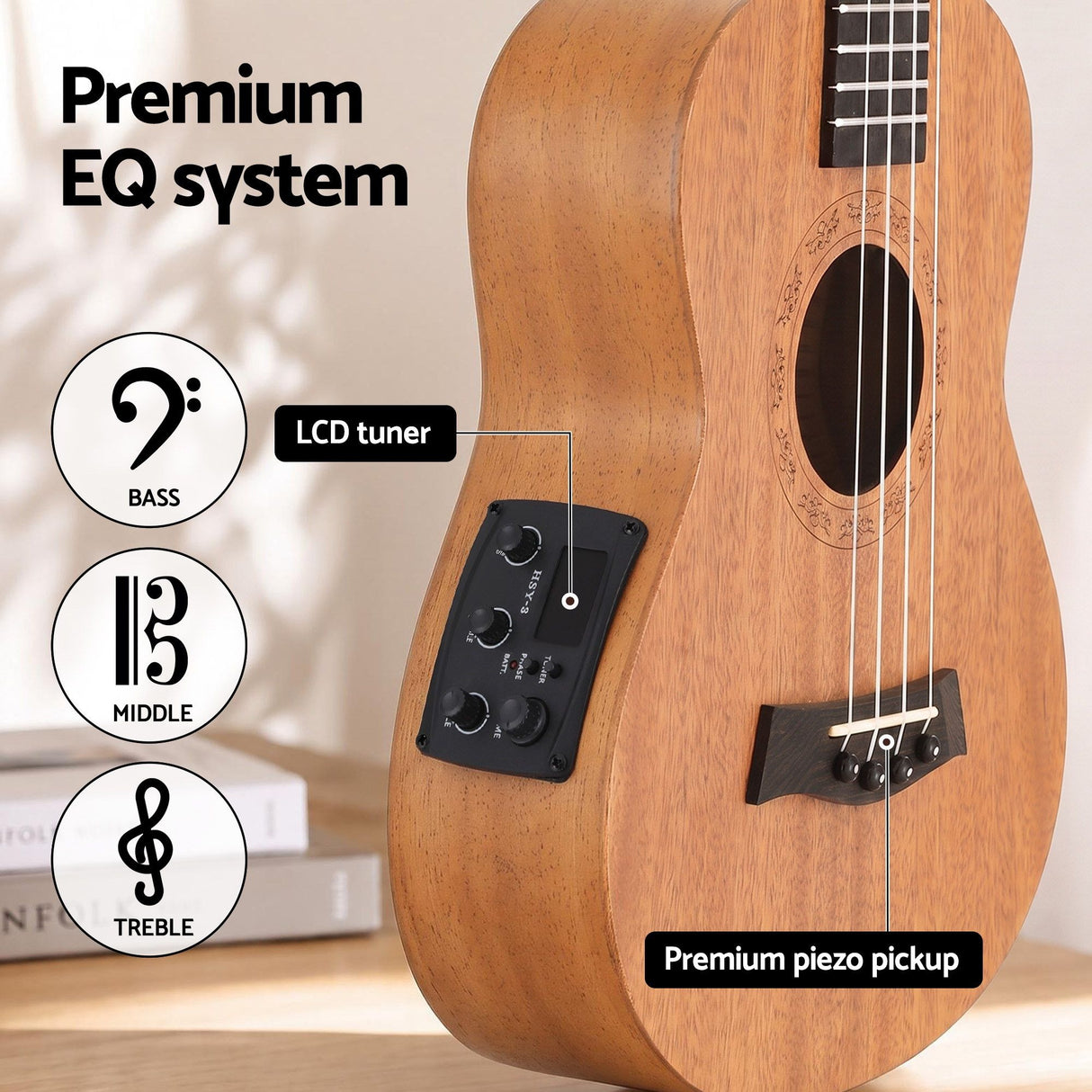 Alpha 26 Inch Solid Mahogany Tenor Ukulele Electric Acoustic EQ System Kit 18 Frets Natural