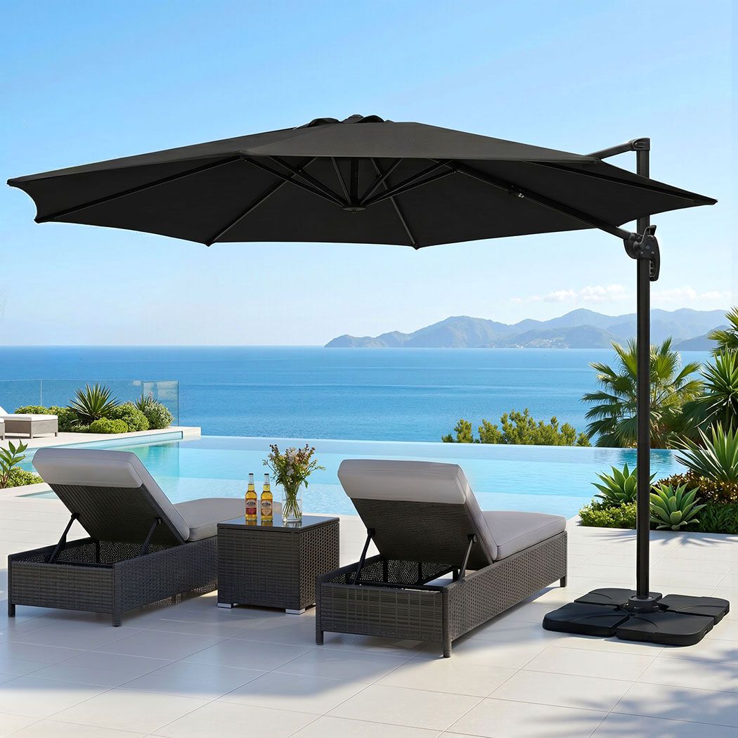 Instahut 3m Outdoor Umbrella w/Base Cantilever Beach Roma 360 Degree Tilt Black