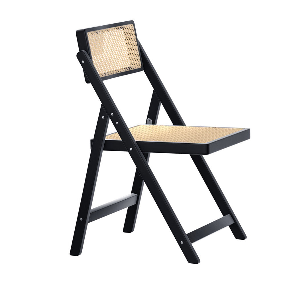 Foldable Black Rattan-Style Dining Chair with Wooden Frame