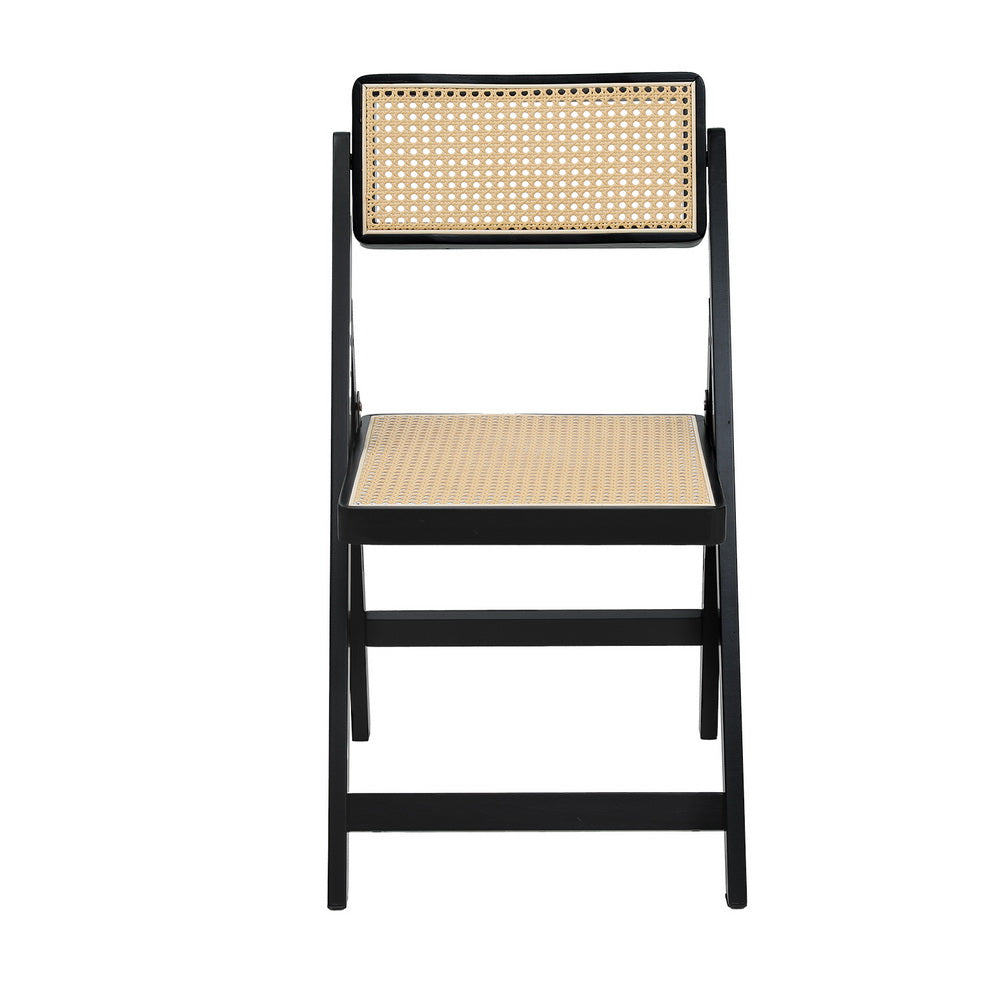 Foldable Black Rattan-Style Dining Chair with Wooden Frame