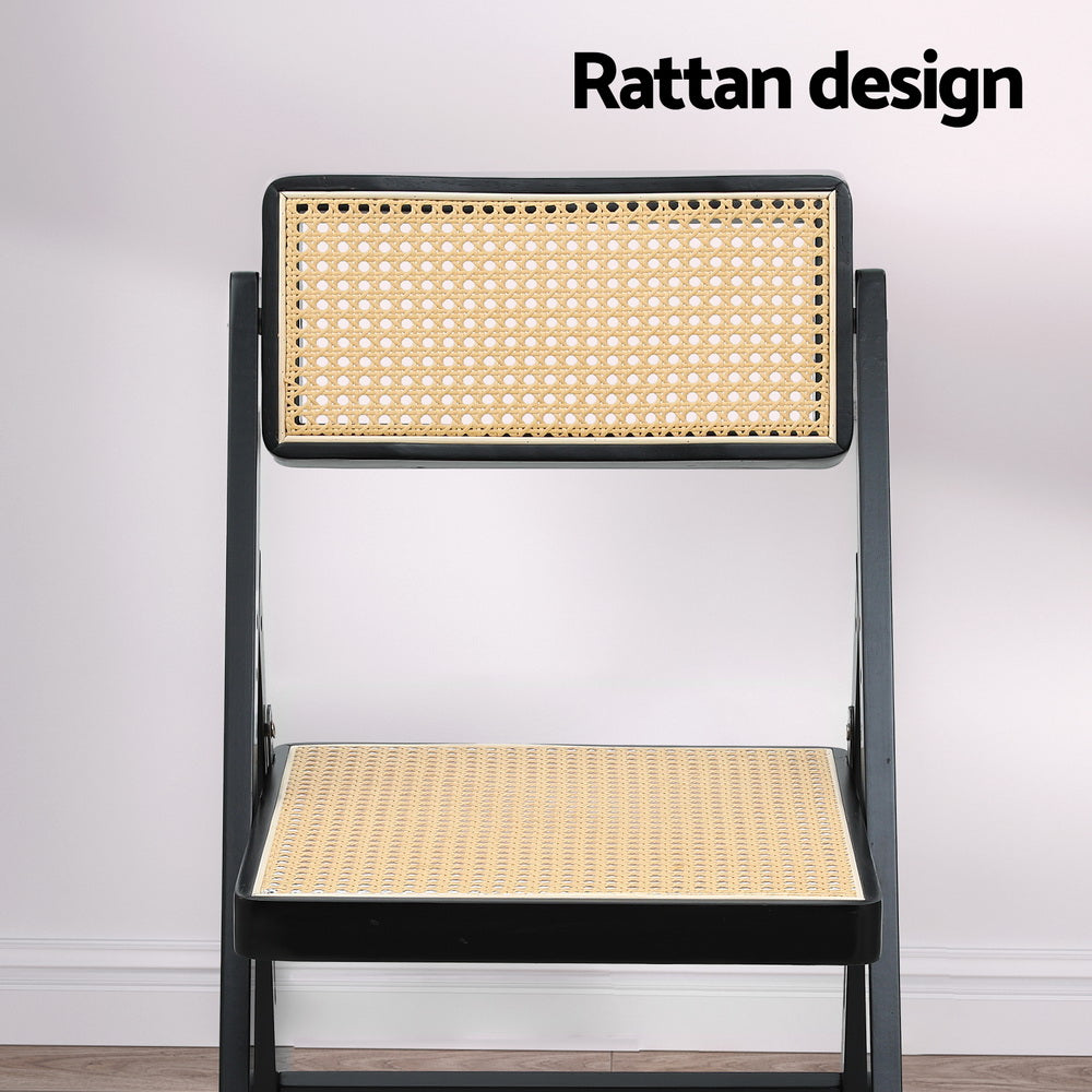 Foldable Black Rattan-Style Dining Chair with Wooden Frame