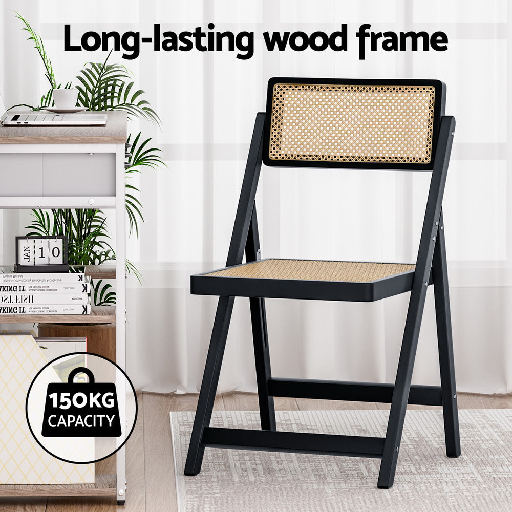 Foldable Black Rattan-Style Dining Chair with Wooden Frame