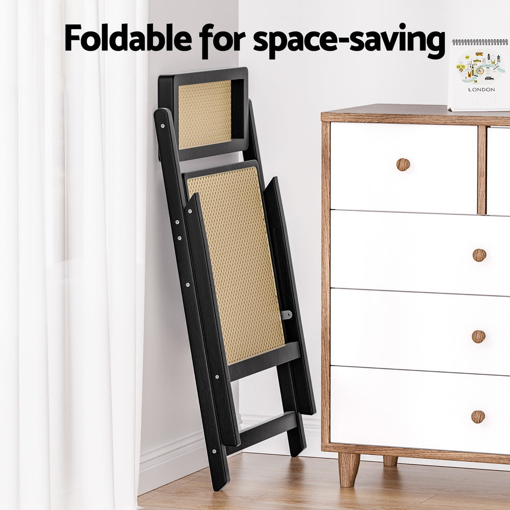 Foldable Black Rattan-Style Dining Chair with Wooden Frame