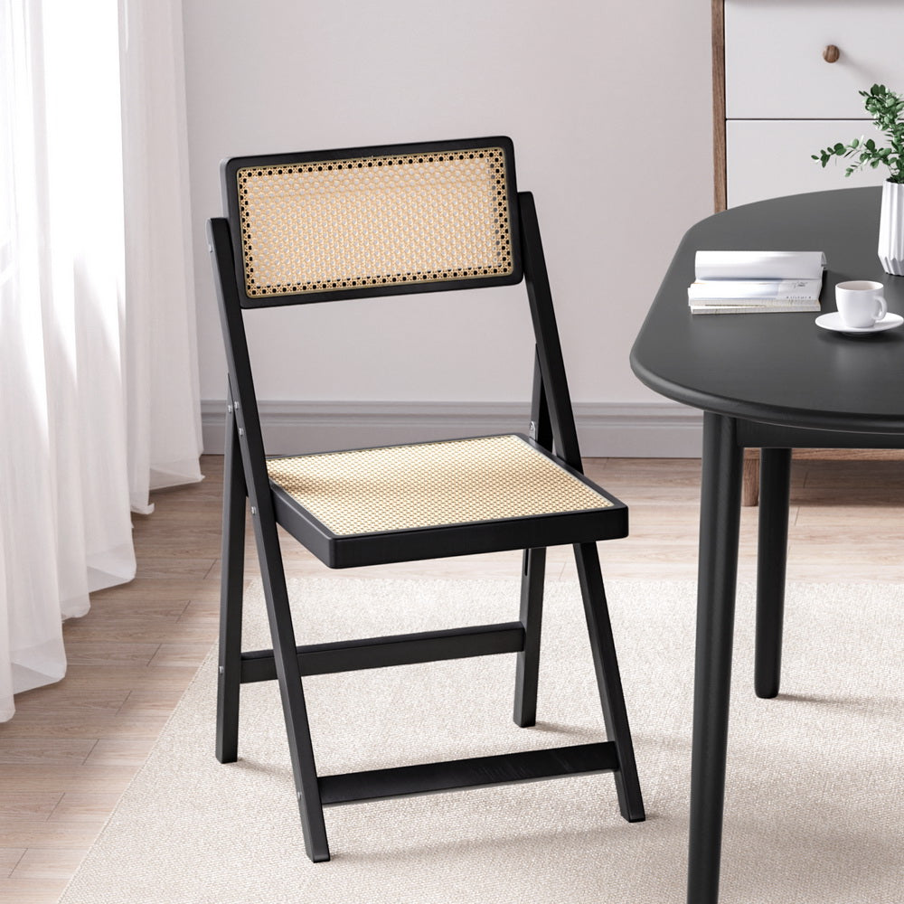 Foldable Black Rattan-Style Dining Chair with Wooden Frame