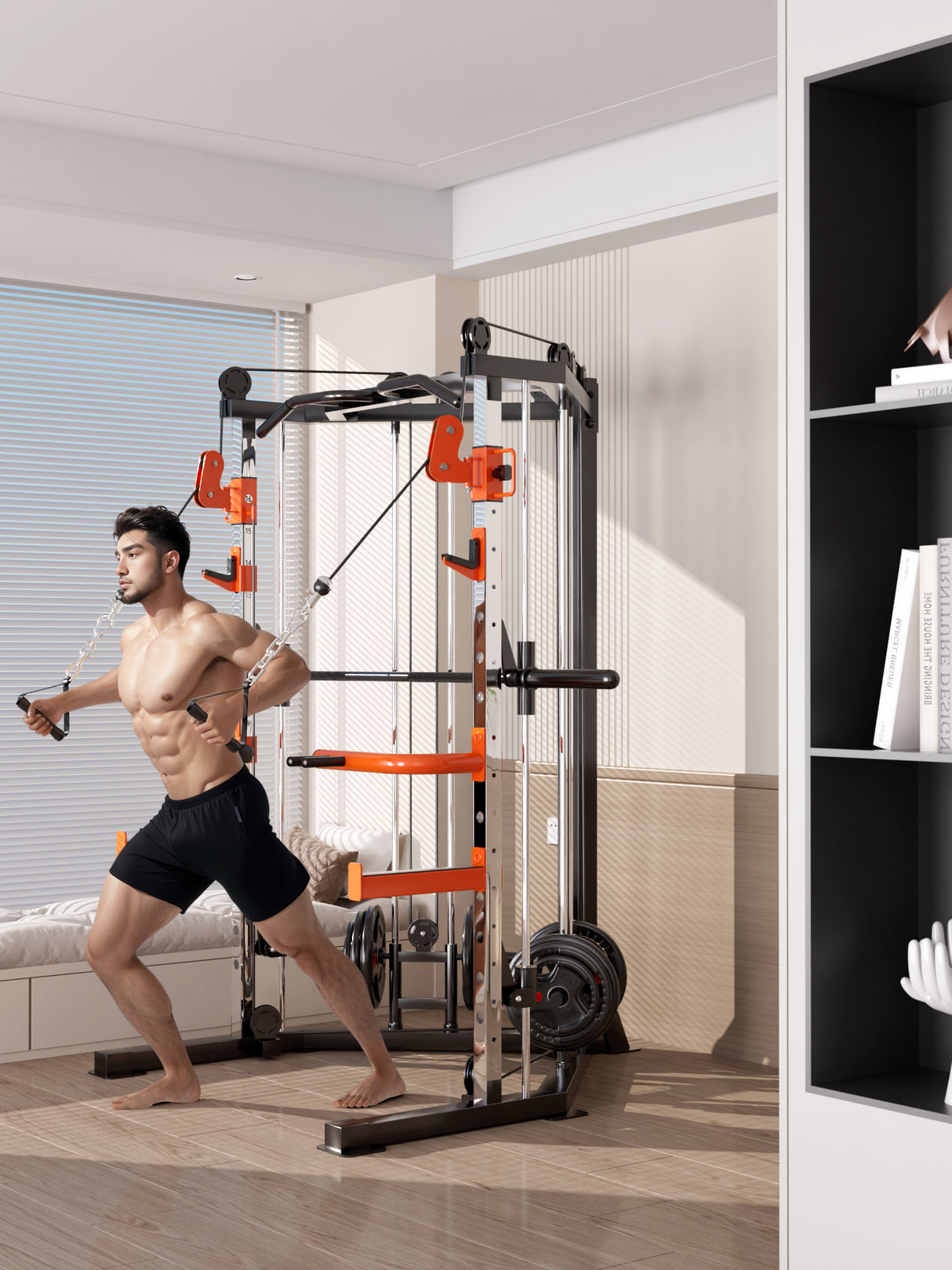 SmartFit C1 Max Multi Functional Cable Crossover Station 130kgs Pin Loaded Machine + Multi Func Bench+7Ft Olympic Barbell + 100kgs Weights