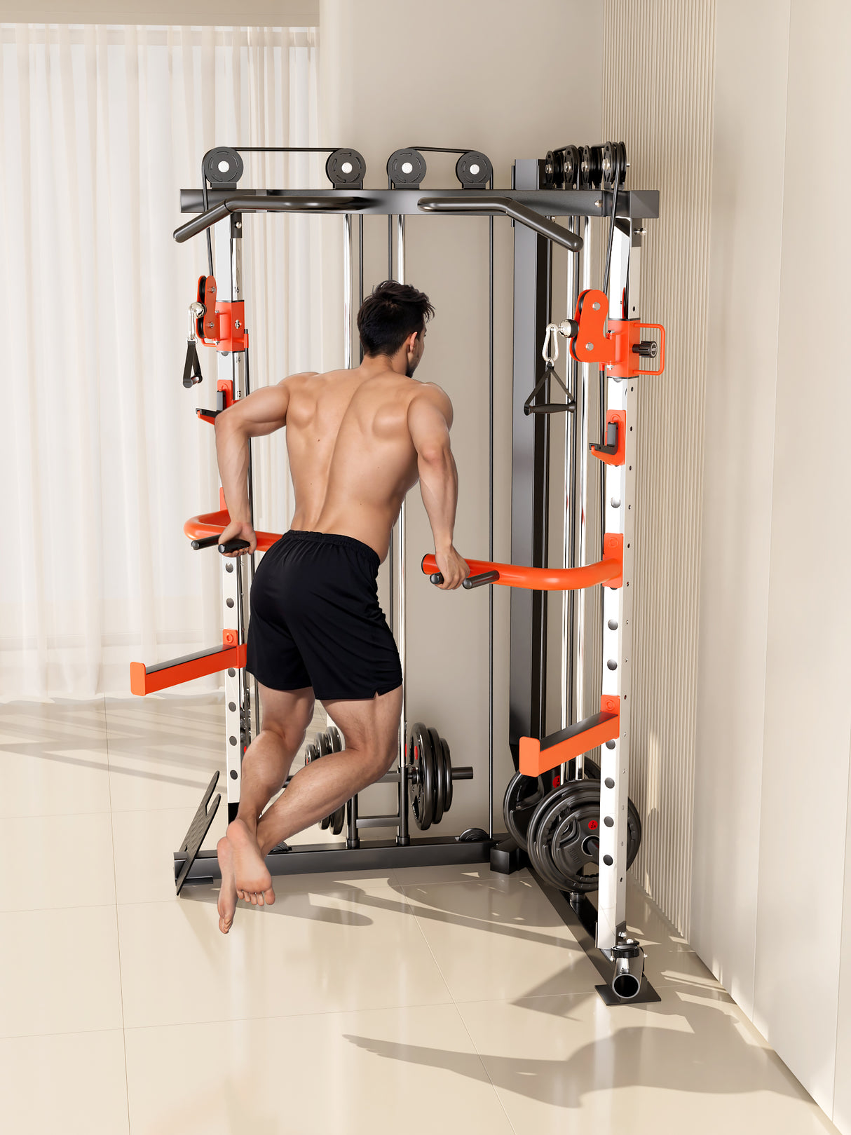 SmartFit C1 Max Multi Functional Cable Crossover Station 130kgs Pin Loaded Machine + Multi Func Bench+7Ft Olympic Barbell + 100kgs Weights