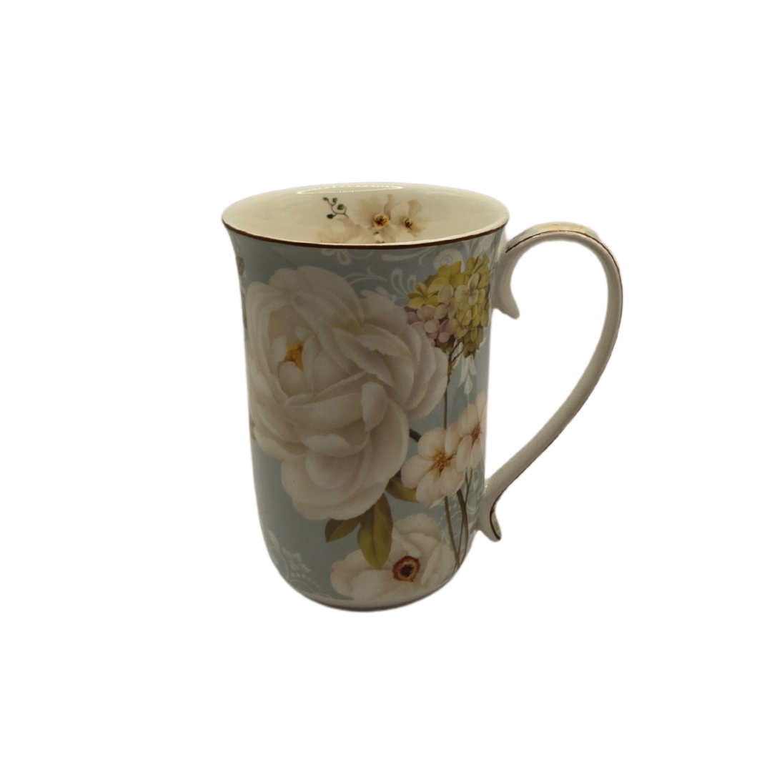 White Rose Fine Bone China Mug with Strainer - 405ml Floral Tea Cup