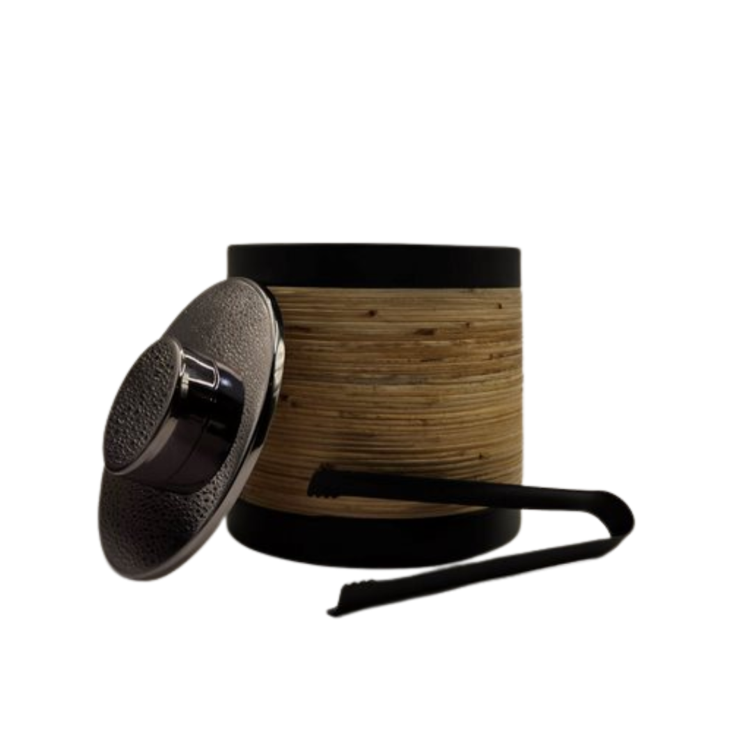 Plantation Ice Bucket with Tongs - Matte Black & Rattan | Stainless Steel Barware