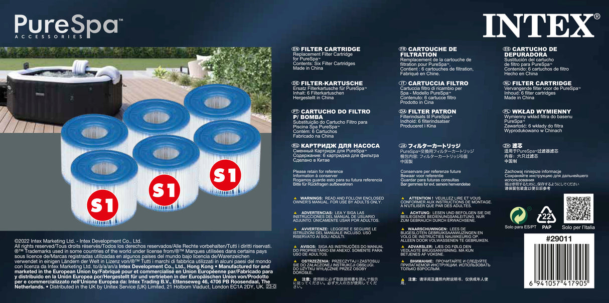 Intex Spa S1 Replacement Filter Cartridges 6 Pack 29011