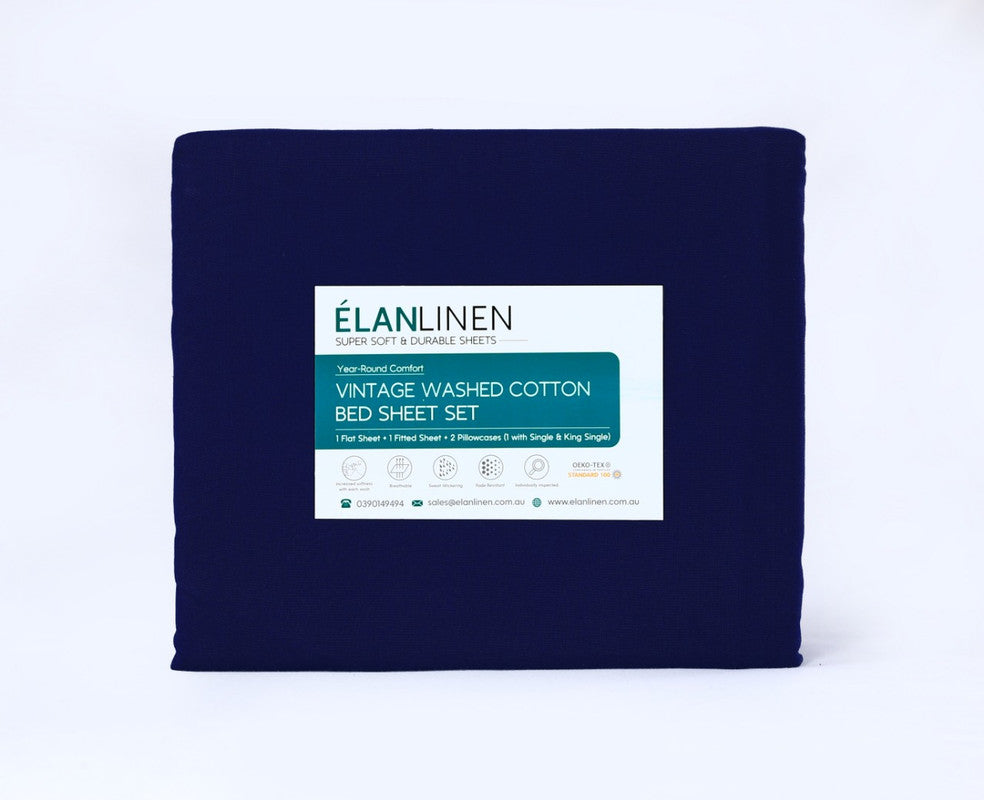 Elan Linen 100% Egyptian Cotton Pre-Washed 500TC Navy Blue Mega Queen Bed Sheet Set with Deep Fitted Sheet