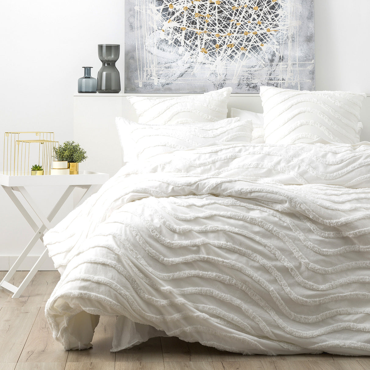 Chenille Wave 100% Cotton Vintage Washed White Tufted Quilt Cover Set by Cloud Linen Queen