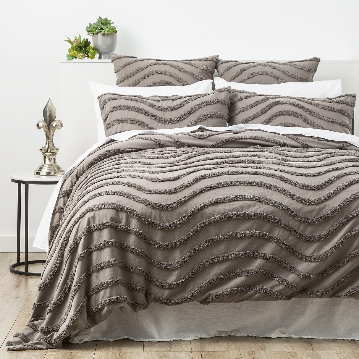 Chenille Wave 100% Cotton Vintage Washed Grey Tufted Quilt Cover Set by Cloud Linen Queen