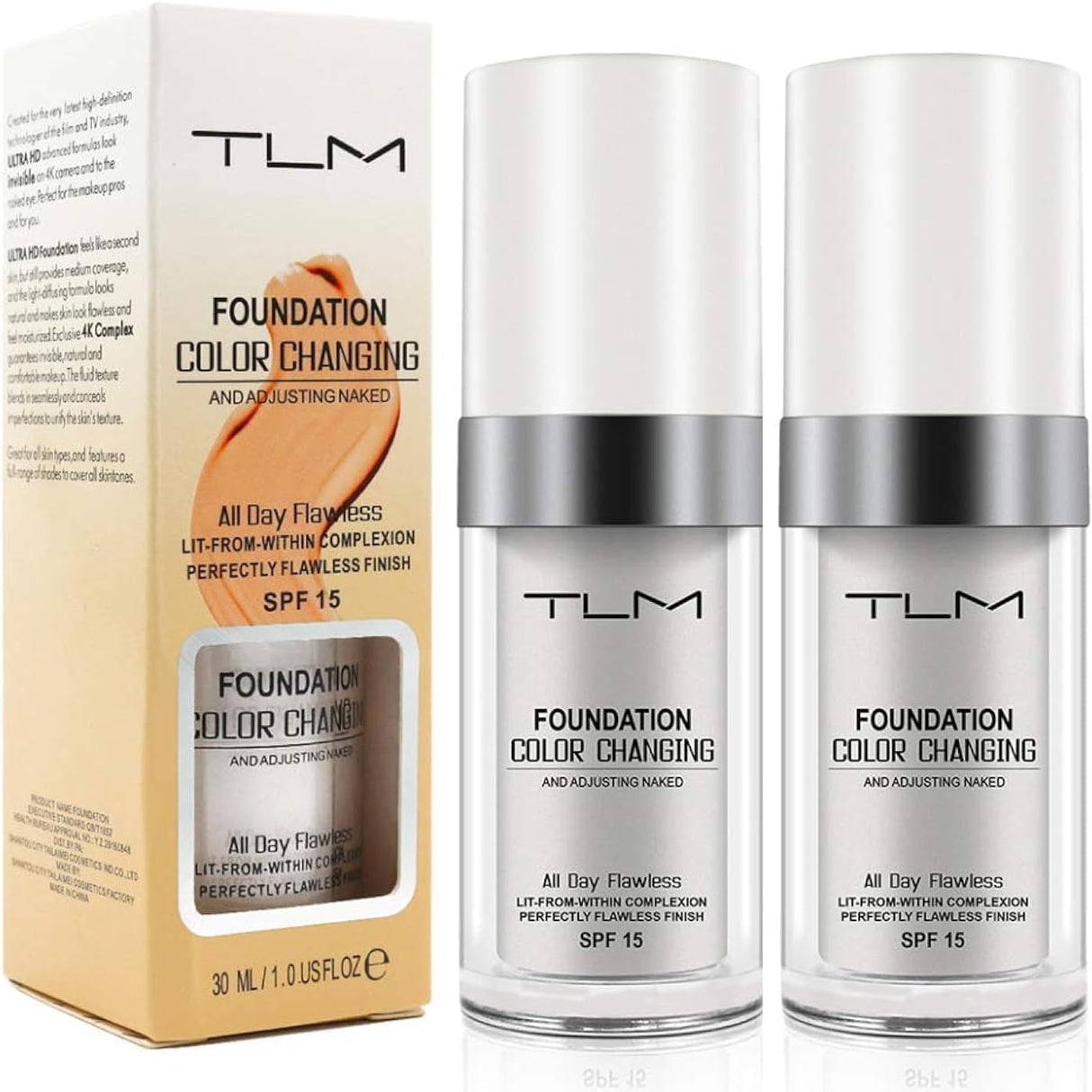 ReviGLam TLM Colour Changing Liquid Foundation Hides Wrinkles & Lines, BB Cream Makeup Base Concealer Cover Moisturizing Fluid for all Skin Tone SPF15, Pack of 2