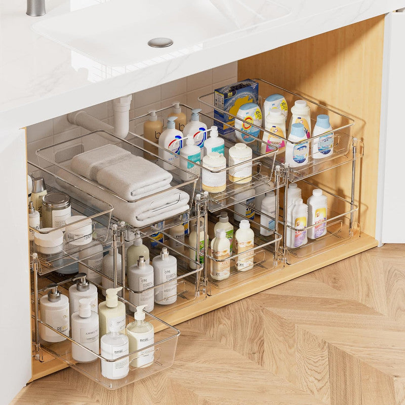 1 Pack Bathroom Organizer, 2 Tier Clear Under Sink Organizers Vanity Countertop Storage Container,Cabinet Drawers Bins, Pull-Out Organization with Track for Pantry, Kitchen