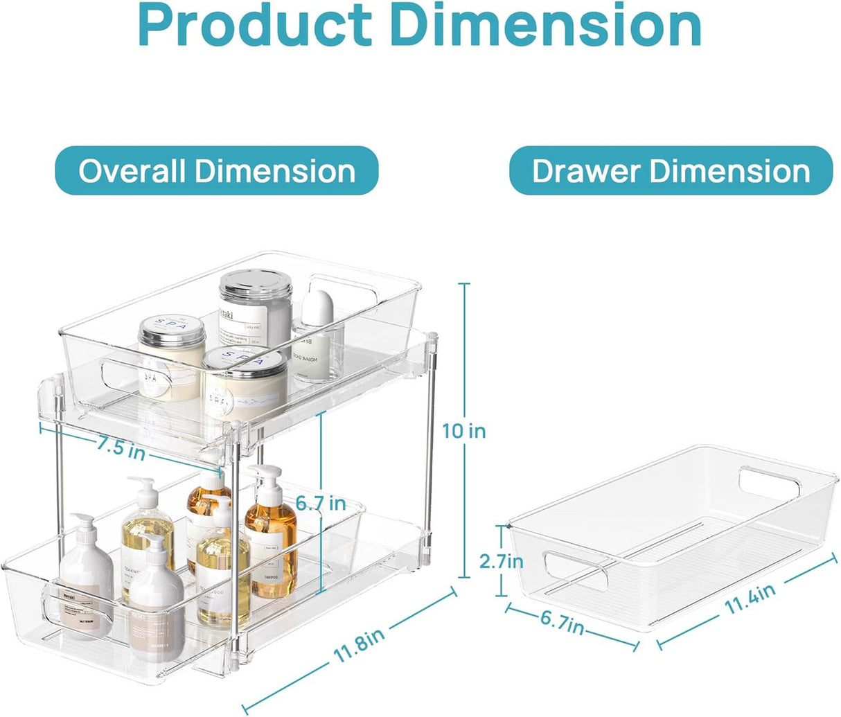 1 Pack Bathroom Organizer, 2 Tier Clear Under Sink Organizers Vanity Countertop Storage Container,Cabinet Drawers Bins, Pull-Out Organization with Track for Pantry, Kitchen