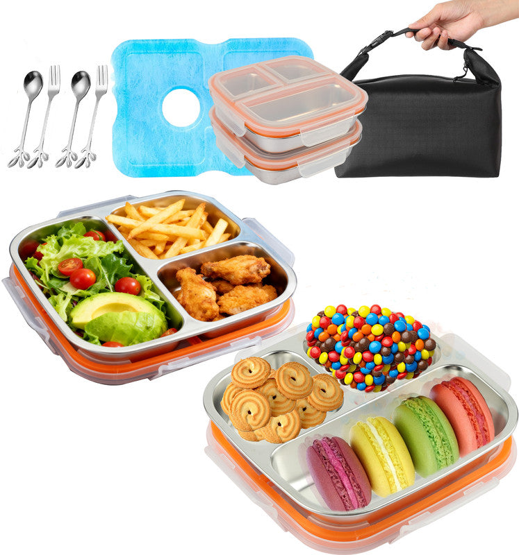 Stainless Steel Snack Box Container with Ice Pack & Lunch Bag for Man & Women - Bento Lunch Box Kit for School,office,Work,Travel,Camping, Reusable Lunch Meal Prep Containers Compartment Leak-Proof