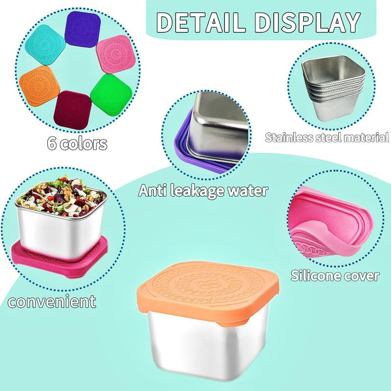 12Pack 6oz Stainless Steel Snack Containers and 2oz Salad Dressing To Go Containers with Silicone Lids, Reusable Square Meal Prep Condiment Sauce Containers Lunch Box