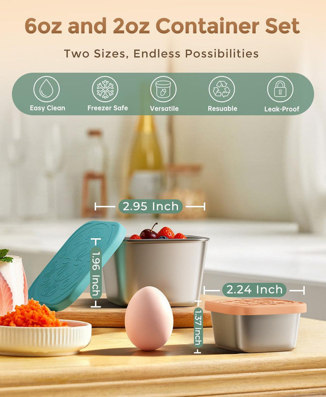 12Pack 6oz Stainless Steel Snack Containers and 2oz Salad Dressing To Go Containers with Silicone Lids, Reusable Square Meal Prep Condiment Sauce Containers Lunch Box