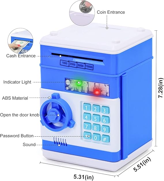 Toys for Kids Ages 5-7, 8-10, Electronic ATM Password Cash Coin Can Auto Scroll Paper Money Saving Box Toys for 6 7 8 9 10 11 12 Year Old Girl Christmas Birthday Gifts blue