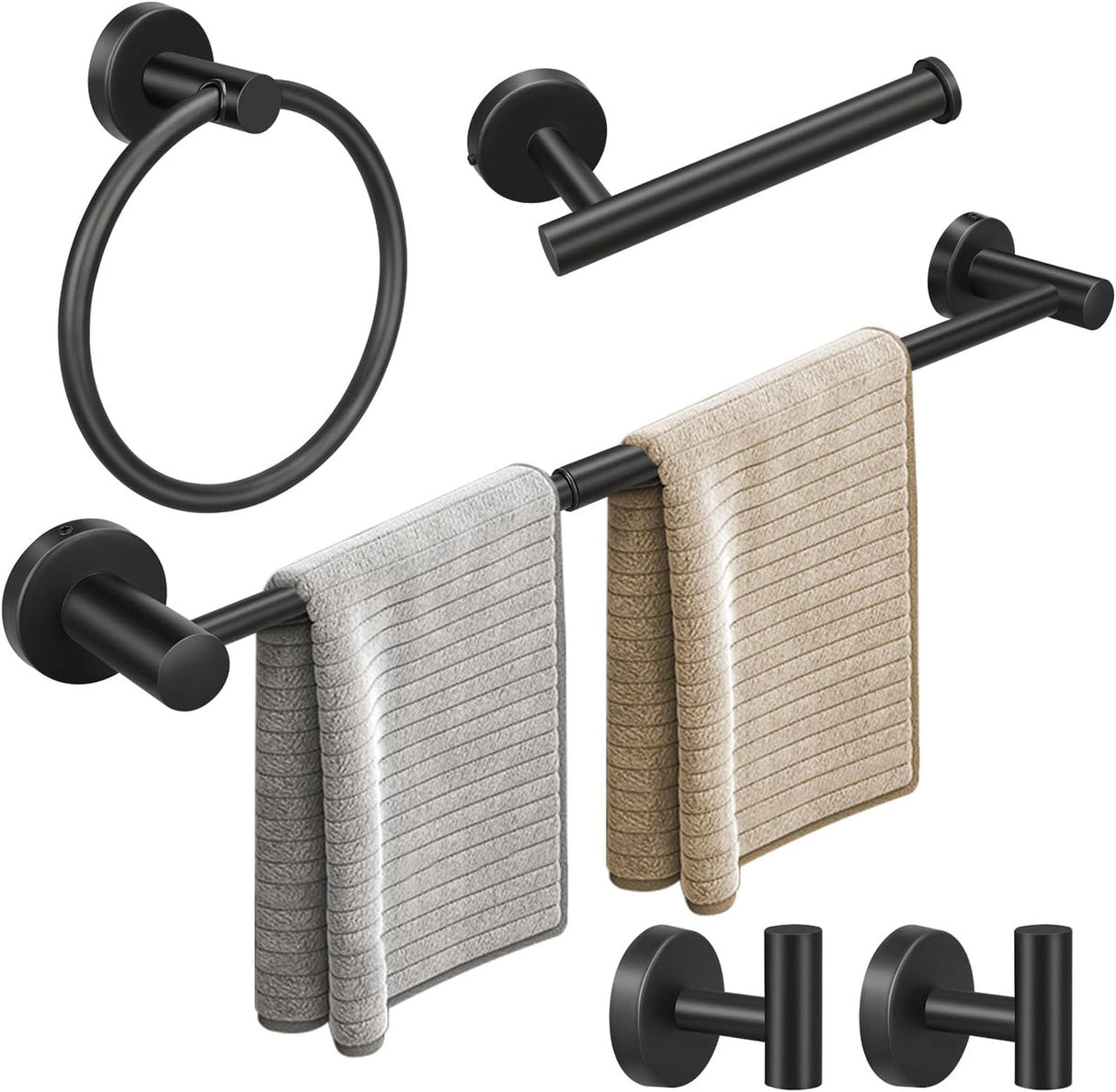 10pcs Matte Black Bathroom Hardware Set, Including 2pcs 24in Retractable Hand Single Towel Bar with 2pcs Toilet Paper Holders, 2pcs Towel Rings 4pcs Multifunctional Robe Hooks