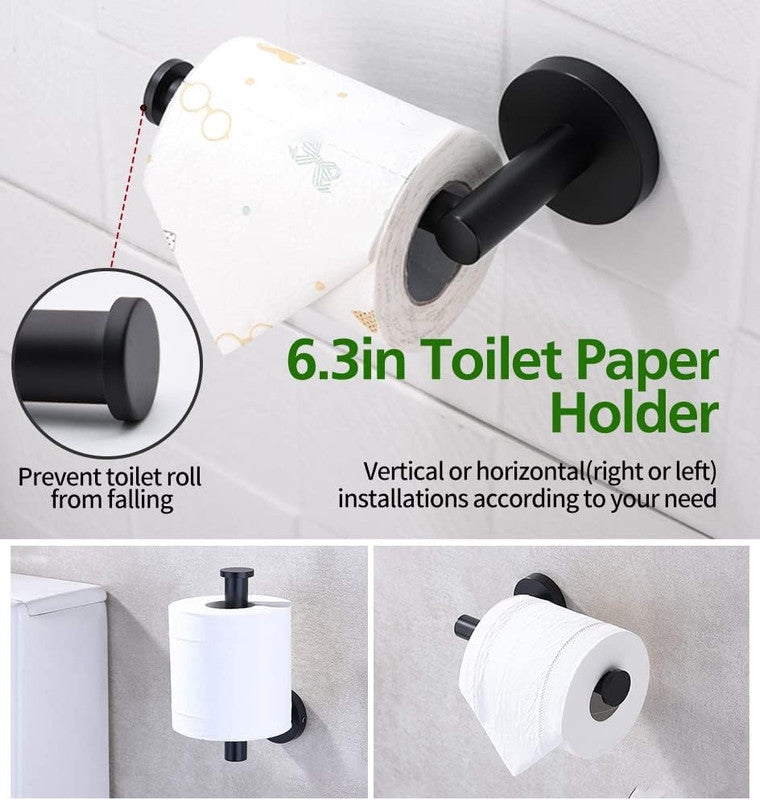 5pcs Matte Black Bathroom Hardware Set, Including 1pcs 24in Retractable Hand Single Towel Bar with 1pcs Toilet Paper Holders, 1pcs Towel Rings 2pcs Multifunctional Robe Hooks