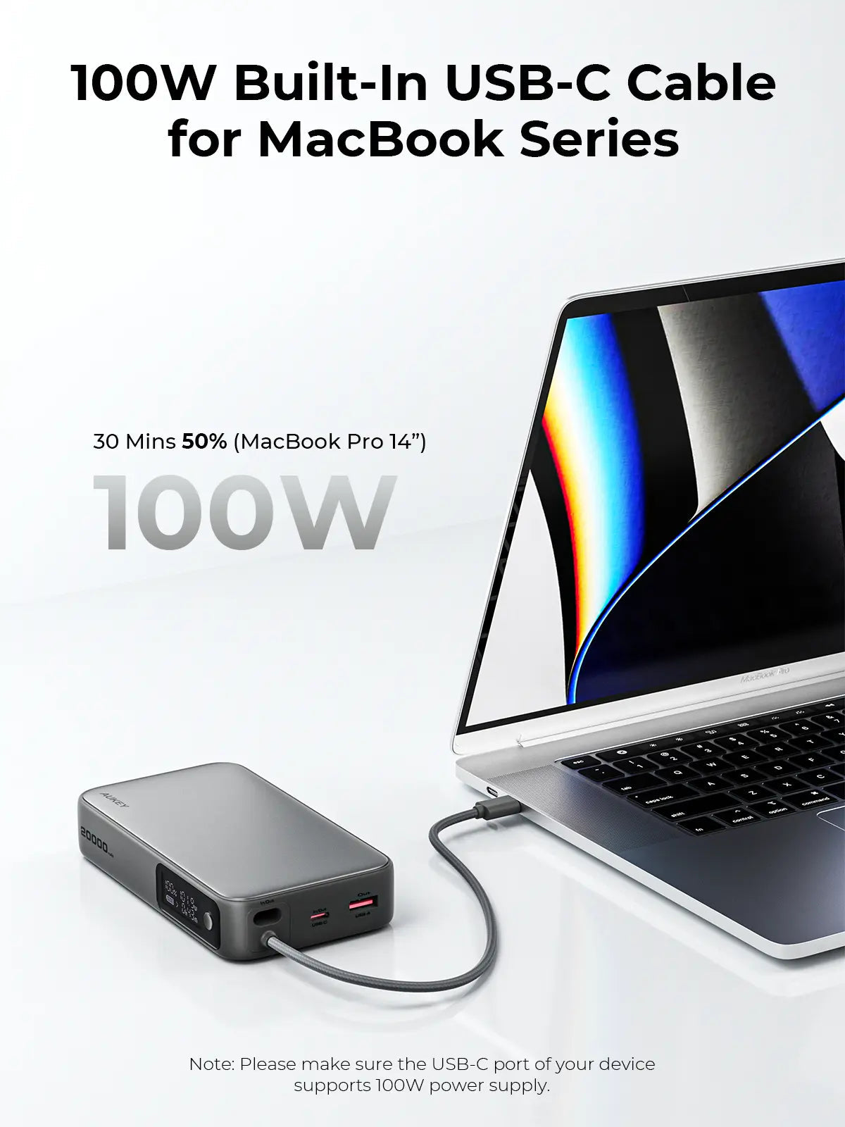 Aukey Spark Sling 20000 Compact Fast Charging Power Bank with Built-in USB-C Cable (PB-Y48)