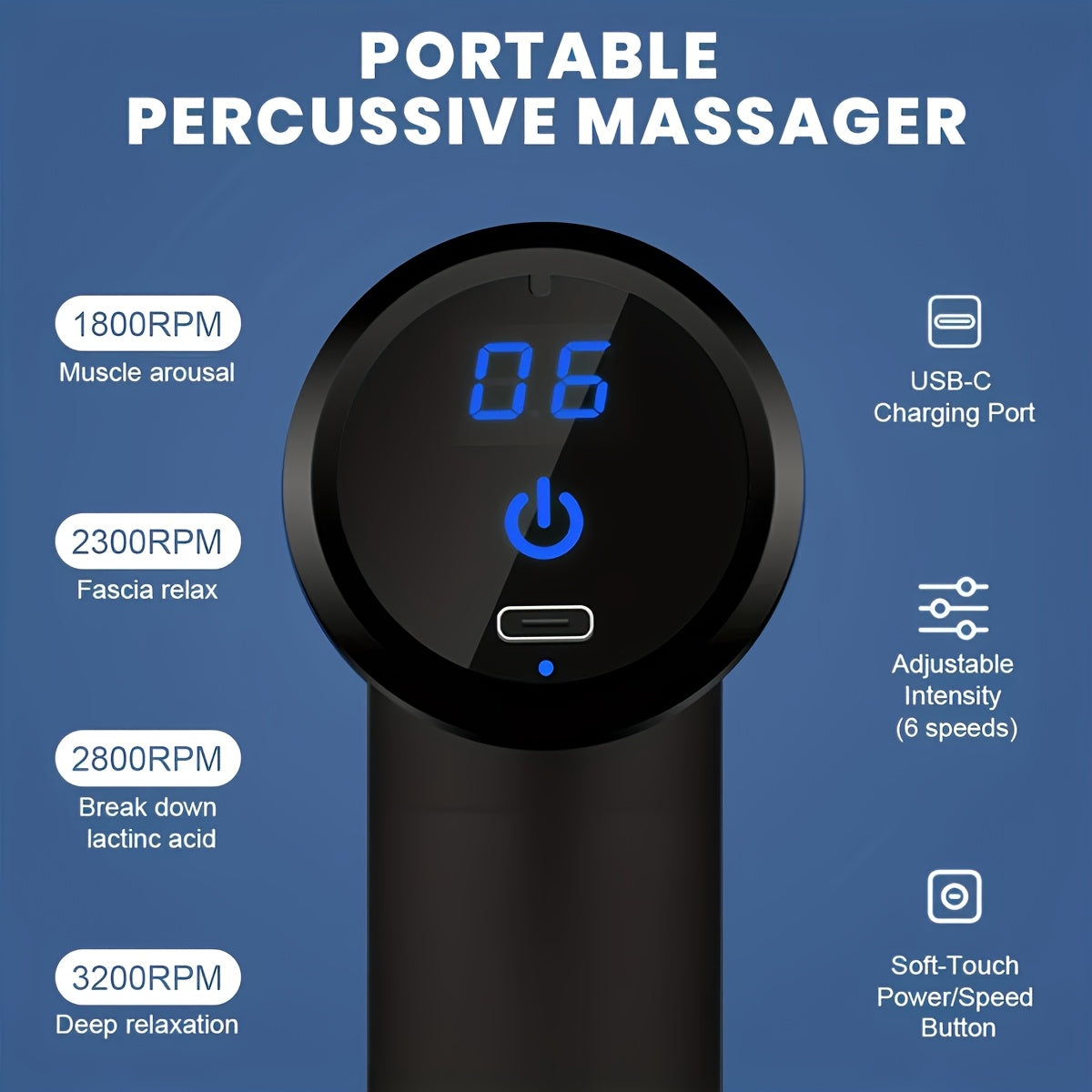 Black**Portable Deep Tissue Massager | 6-Speed & 4 Heads & 15-Min Timer|Professional Muscle Recovery, Anytime Anywhere**