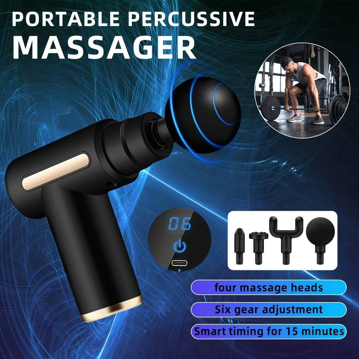 Green Portable Deep Tissue Massager | 6-Speed & 4 Heads & 15-Min Timer|Professional Muscle Recovery, Anytime Anywhere