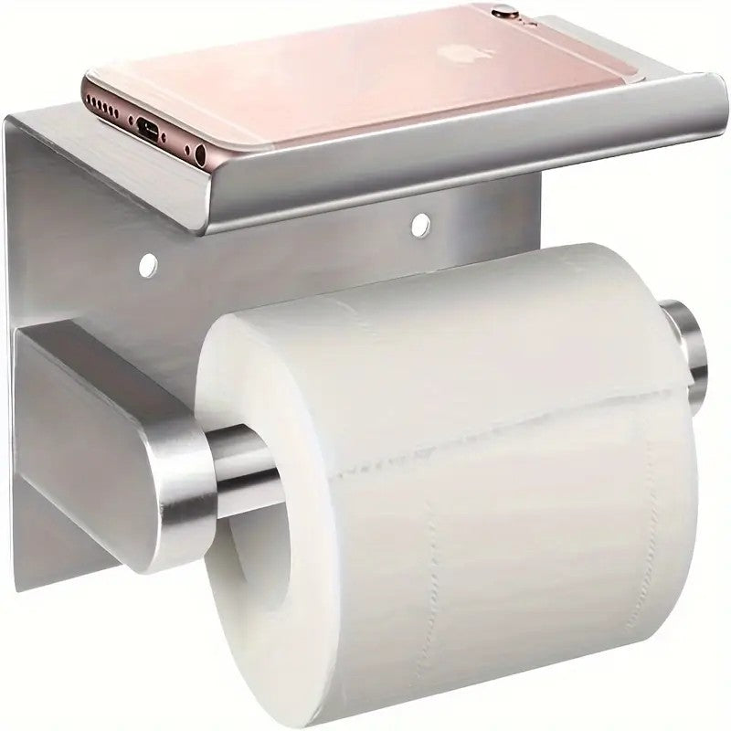 (True color) 1pc Toilet Paper Holder with Shelf, Bathroom Tissue Storage Rack, Wall-Mounted Paper Towel Dispenser, Stainless Steel Bathroom Paper Holder, Bathroom Accessory