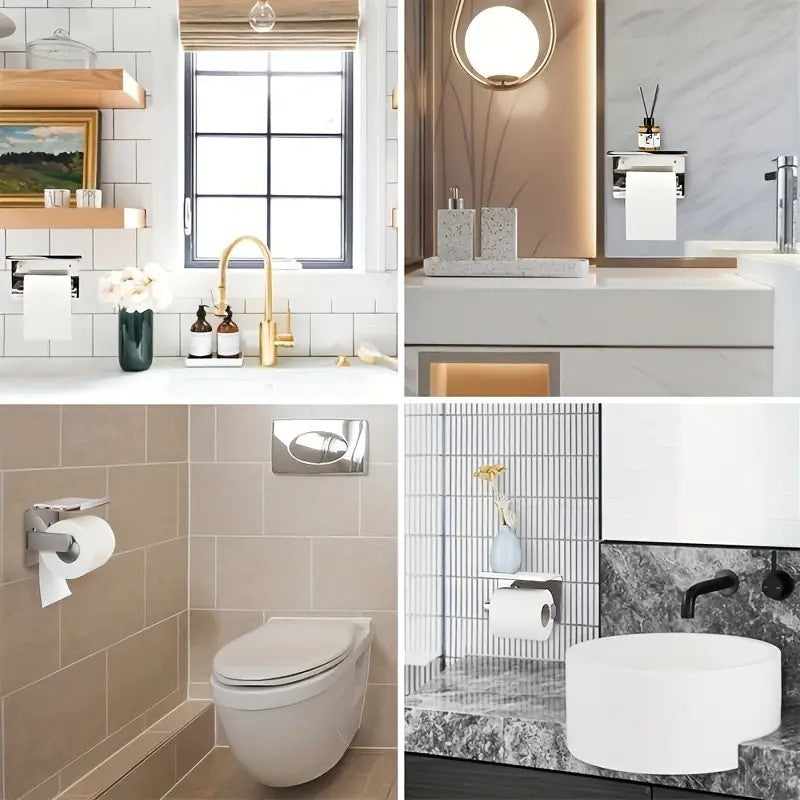 (True color) 1pc Toilet Paper Holder with Shelf, Bathroom Tissue Storage Rack, Wall-Mounted Paper Towel Dispenser, Stainless Steel Bathroom Paper Holder, Bathroom Accessory