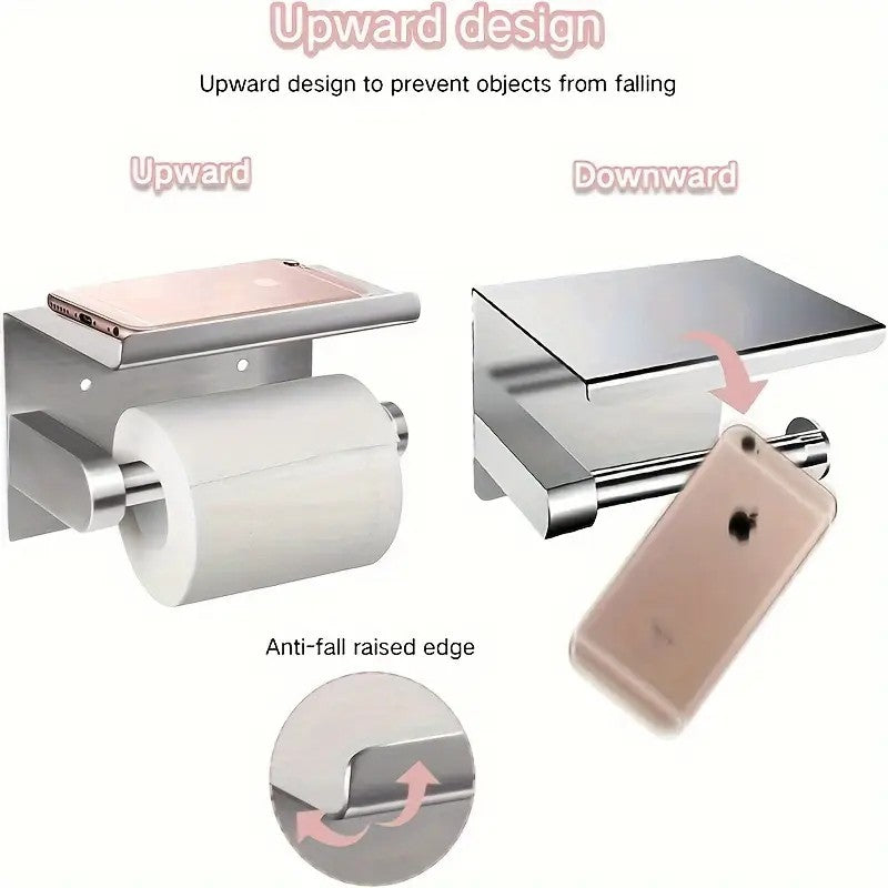 (True color) 1pc Toilet Paper Holder with Shelf, Bathroom Tissue Storage Rack, Wall-Mounted Paper Towel Dispenser, Stainless Steel Bathroom Paper Holder, Bathroom Accessory