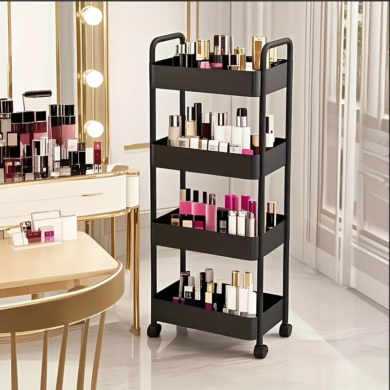 Three-Tier Rolling Cosmetics Storage Rack - Made of durable plastic, equipped with 360-degree swivel casters, strong load-bearing capacity - Suitable for bathroom, bedroom, kitchen, and home storage | White