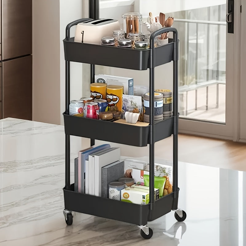 Four-Tier Rolling Cosmetics Storage Rack - Made of durable plastic, equipped with 360-degree swivel casters, strong load-bearing capacity - Suitable for bathroom, bedroom, kitchen, and home storage | BLACK