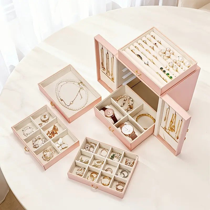 Pink 1 Large Faux Leather Jewelry Storage Box with 5 Drawers and Gold Handles - An elegant rectangular storage space for rings, necklaces, bracelets, earrings, and watches - Features soft fabric lining, side door design, textured surface finish - Luxury