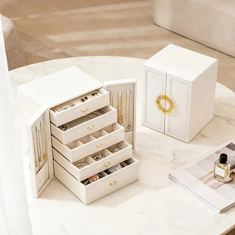 Pink 1 Large Faux Leather Jewelry Storage Box with 5 Drawers and Gold Handles - An elegant rectangular storage space for rings, necklaces, bracelets, earrings, and watches - Features soft fabric lining, side door design, textured surface finish - Luxury