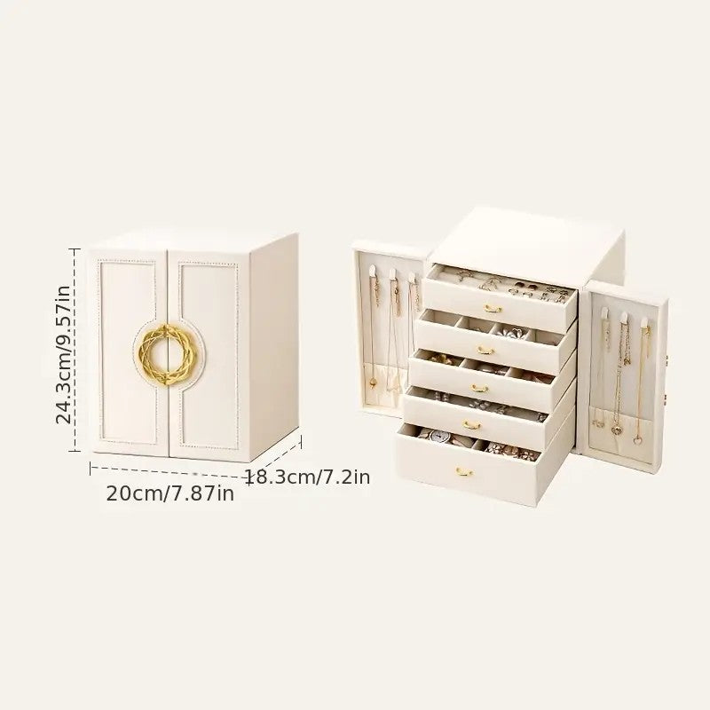 Pink 1 Large Faux Leather Jewelry Storage Box with 5 Drawers and Gold Handles - An elegant rectangular storage space for rings, necklaces, bracelets, earrings, and watches - Features soft fabric lining, side door design, textured surface finish - Luxury
