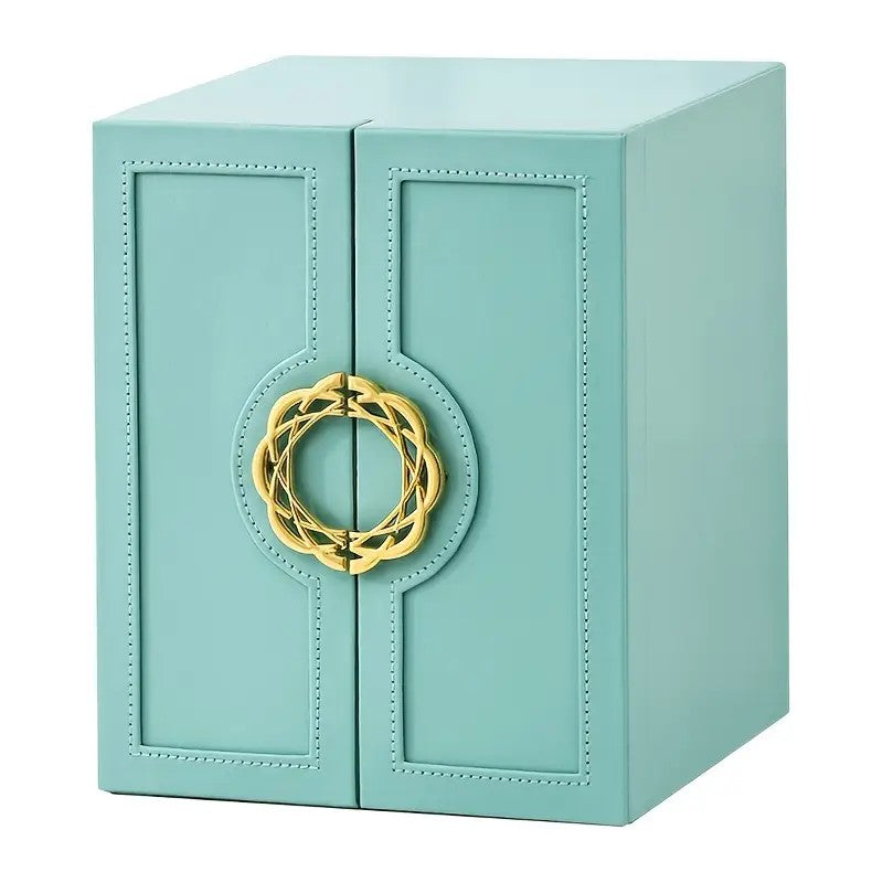 Pink 1 Large Faux Leather Jewelry Storage Box with 5 Drawers and Gold Handles - An elegant rectangular storage space for rings, necklaces, bracelets, earrings, and watches - Features soft fabric lining, side door design, textured surface finish - Luxury
