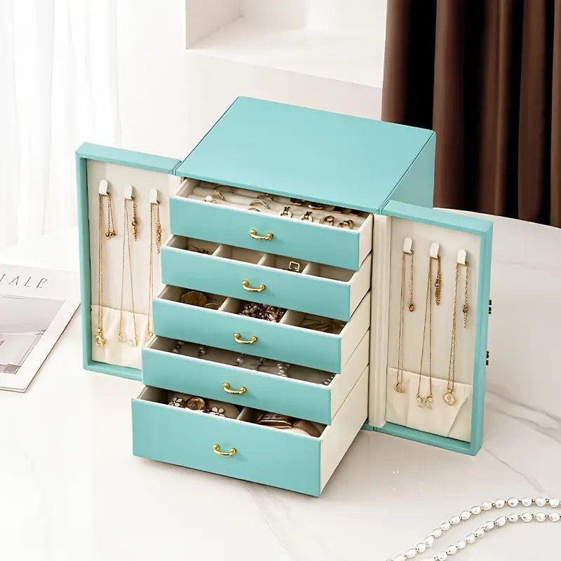 Blue 1 Large Faux Leather Jewelry Storage Box with 5 Drawers and Gold Handles - An elegant rectangular storage space for rings, necklaces, bracelets, earrings, and watches - Features soft fabric lining, side door design, textured surface finish - Luxury