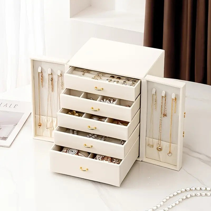 Blue 1 Large Faux Leather Jewelry Storage Box with 5 Drawers and Gold Handles - An elegant rectangular storage space for rings, necklaces, bracelets, earrings, and watches - Features soft fabric lining, side door design, textured surface finish - Luxury