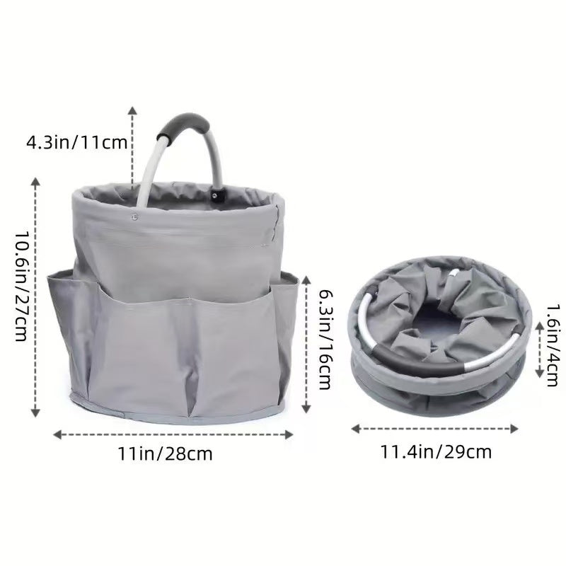 Premium Army green Gardening Storage Bag made of durable 600D Oxford cloth, features 6 deep side pockets for small hand tools, spray bottles, beverages, and more. Equipped with an aluminum alloy handle wrapped in EVA molding for enhanced comfort and longe