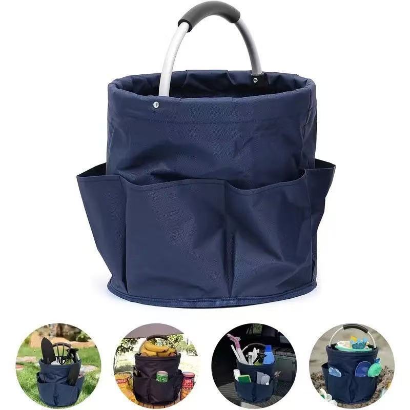 Premium Army green Gardening Storage Bag made of durable 600D Oxford cloth, features 6 deep side pockets for small hand tools, spray bottles, beverages, and more. Equipped with an aluminum alloy handle wrapped in EVA molding for enhanced comfort and longe