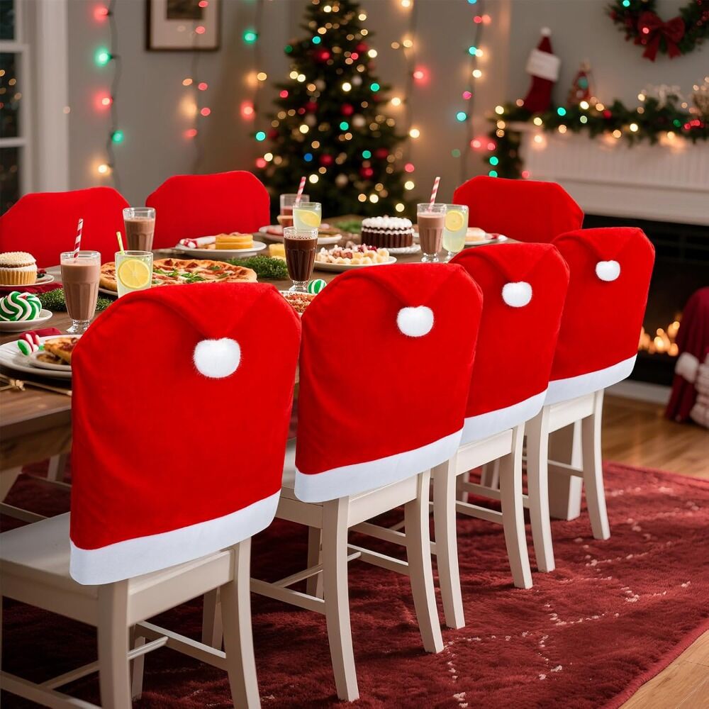 16-piece Christmas chair set-holiday red Christmas hat pattern, suitable for holiday dinners and party decorations, including 8 chair sets and 8 tableware sets, reusable, durable fabric, suitable for Christmas, New Year,and party activiti